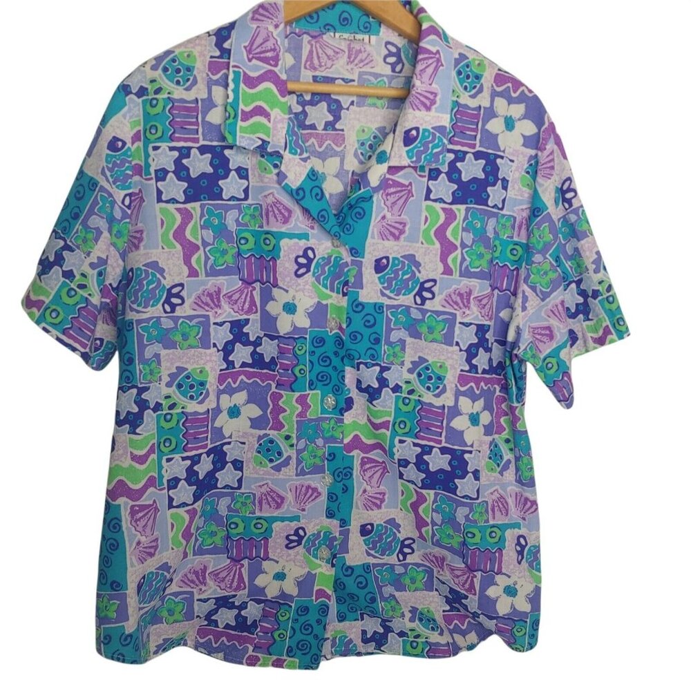 Vtg Cricket Lane Womens L Blouse Short Slv Beach Fish Tropical Floral Geometric